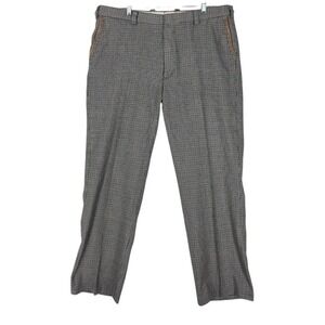 Vtg Orvis Pants 100 Wool Houndtooth Mens 38 (37x30) Brown Beige Leather Trim USA